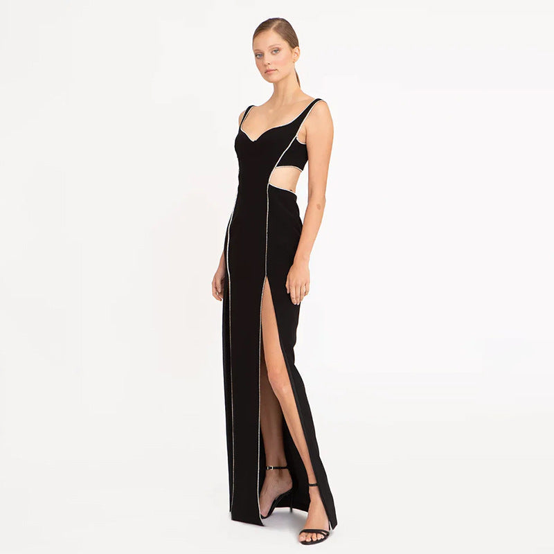 Sweetheart Spaghetti Strap Rhinestone Trim Cut Out Side Maxi Gown - View 2