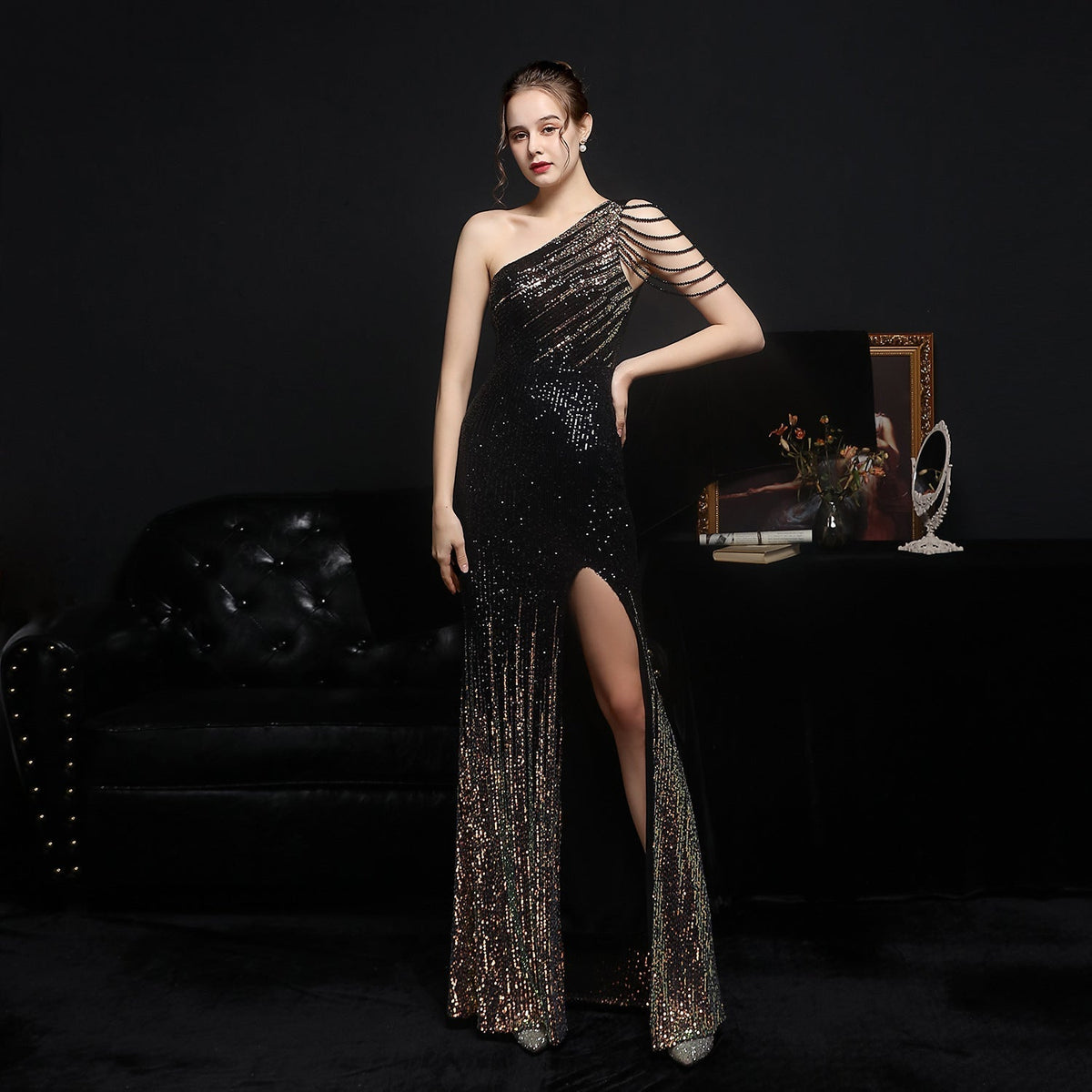 Sequin One Shoulder Beaded Fringe High Split Mermaid Gown - View 2