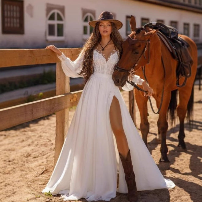 Long Sleeve V-Neck Lace Wedding Dress