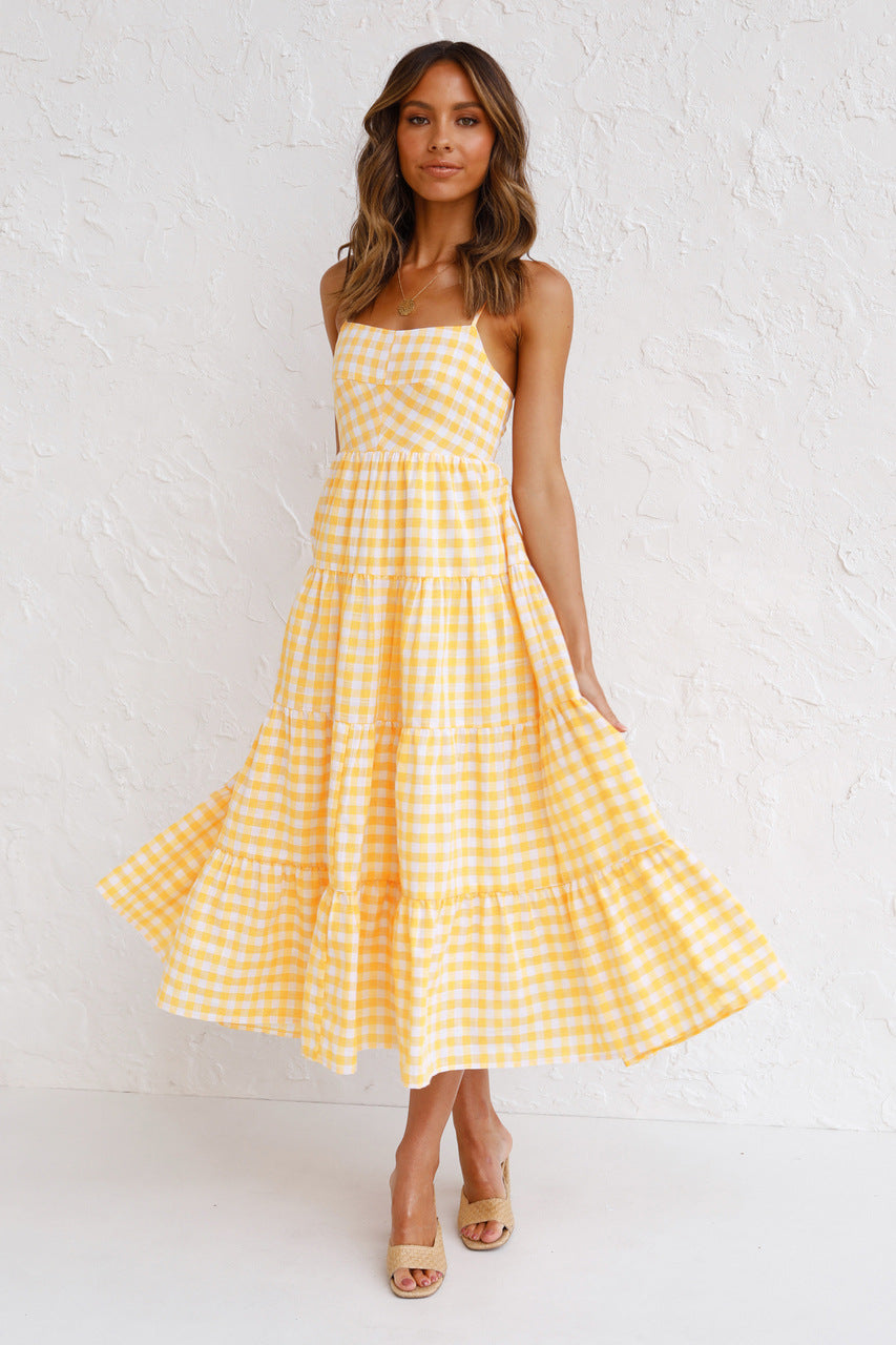 Gingham Square Neck Strappy Tiered Midi Dress