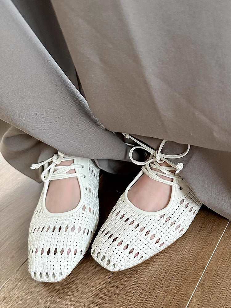 Vintage woven hollow lace-up square toe chunky heel Mary Jane shoes