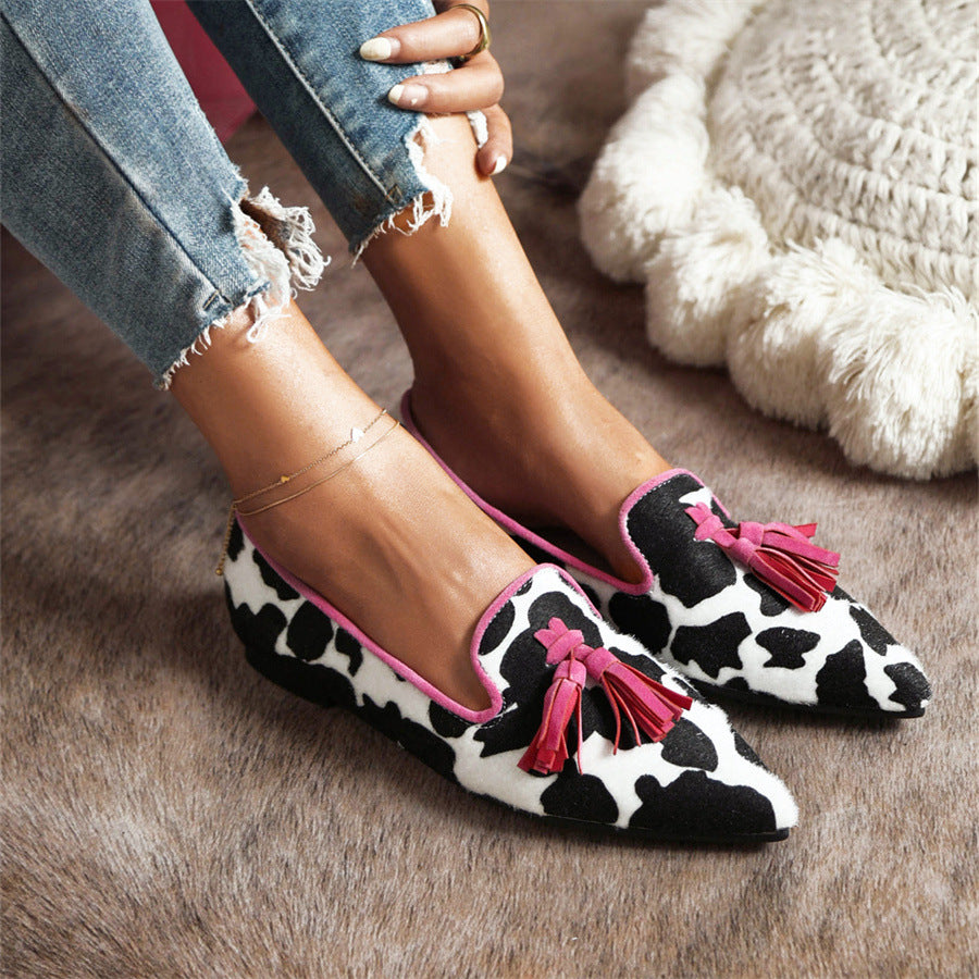 Pointed-toe Fringe Leopard Contrast Mules