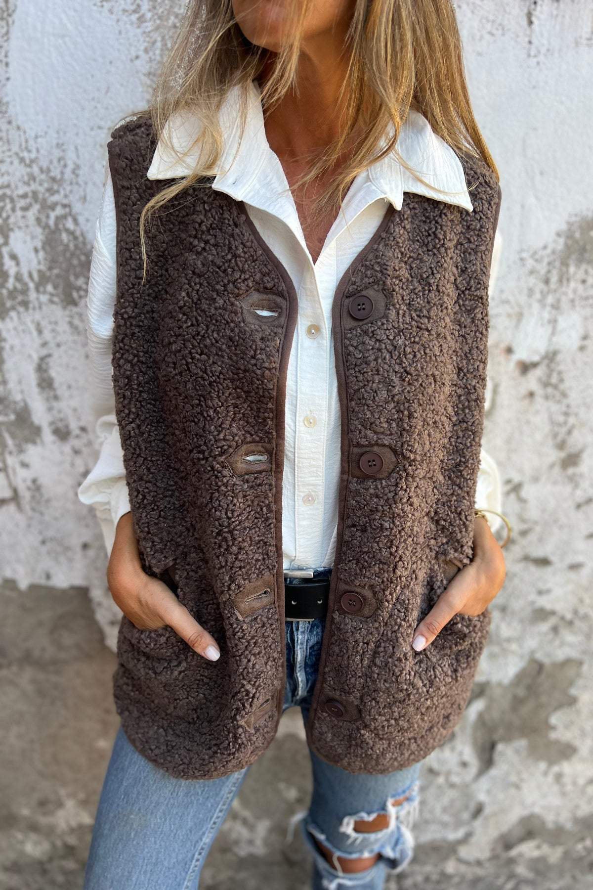 Brown Sherpa Button Vest Jacket for Cozy Layering Style
