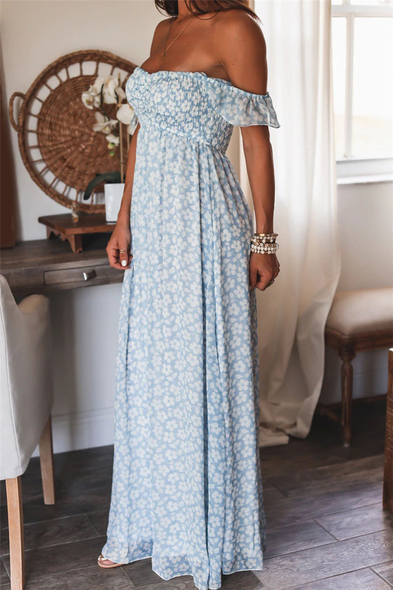 Floral Print Off Shoulder Smocked Empire Maxi Dress
