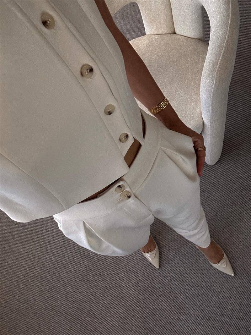 Chic Sleeveless Button-Down Coat with High-Waisted Pants Set