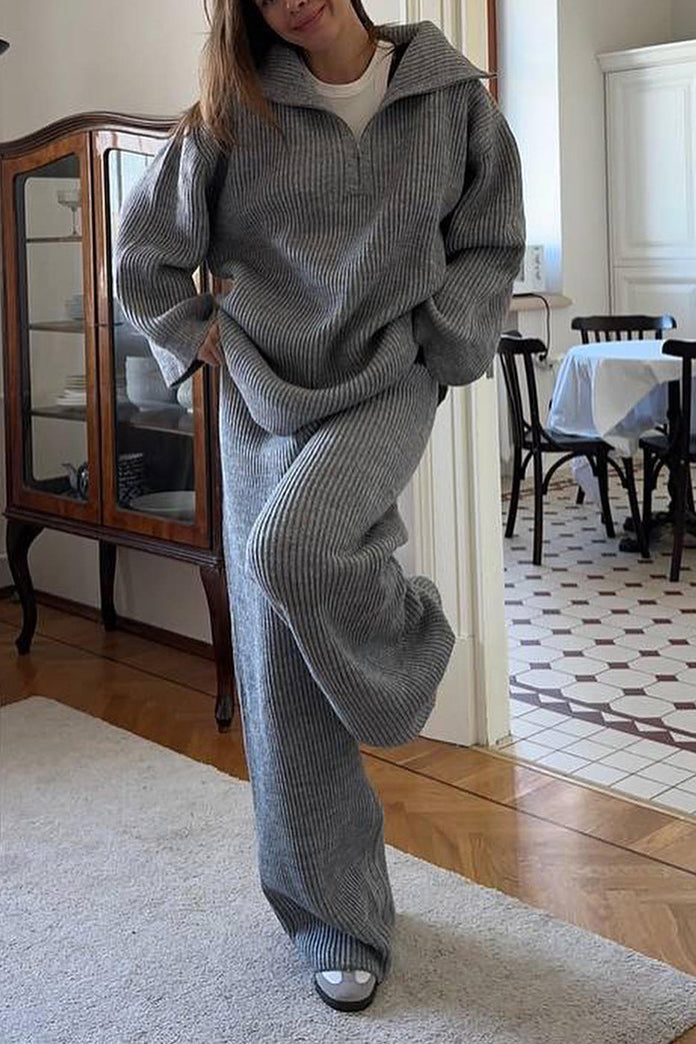 Cozy Lapel half-zip long-sleeved knit top and wide-leg pants set