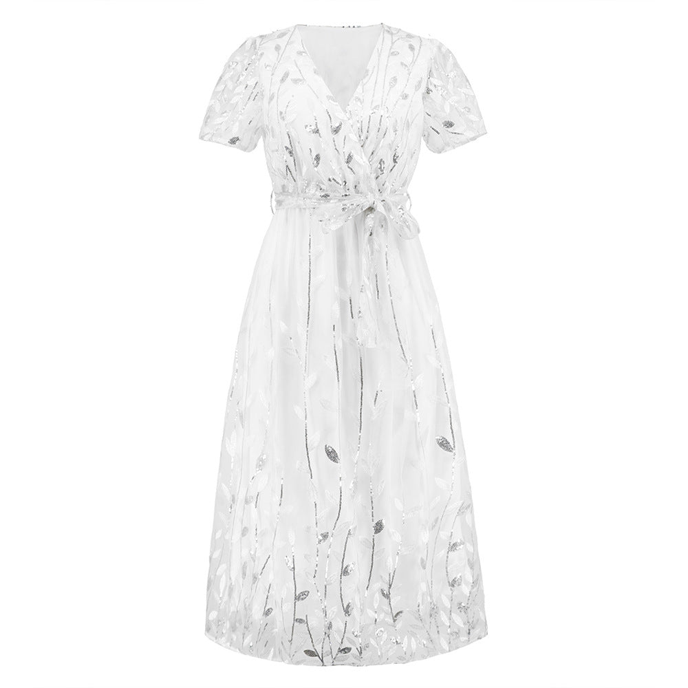 Mesh Embroidered Leaf Sequin V-Neck Wrap Tie Waist A-Line Midi Dress - View 10