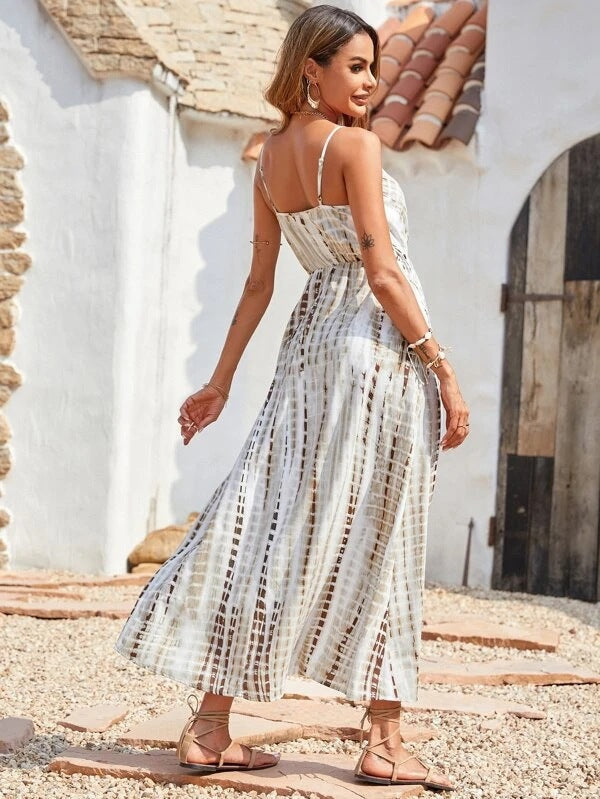 Tie Dye V-Neck Spaghetti Strap Wrap Maxi Dress