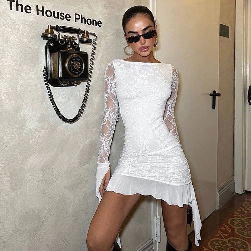 Lace Boat Neck Long Sleeve Ruched Asymmetric Ruffle Mini Dress