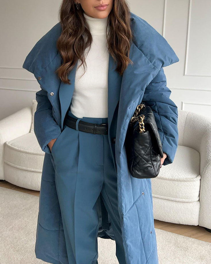 Elegant Long Cotton Coat with Large Lapel and Belt