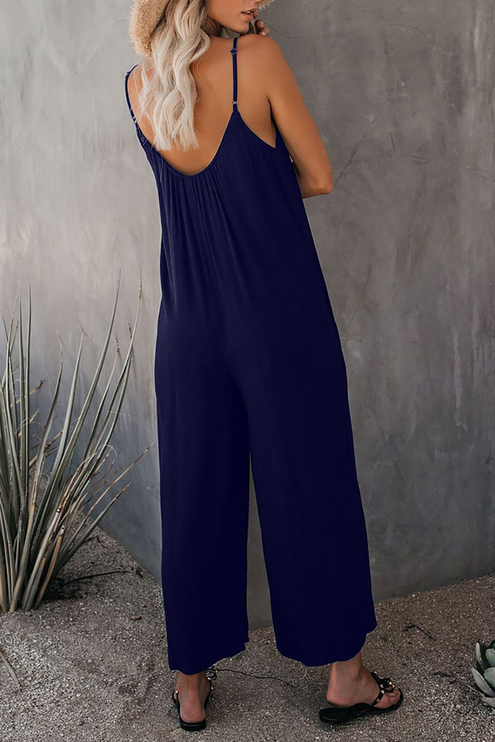 Solid Patchwork Spaghetti Strap Loose Jumpsuits