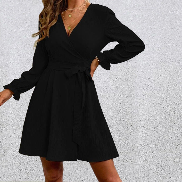 V-Neck Wrap Long Sleeve Belted Fit & Flare Mini Dress
