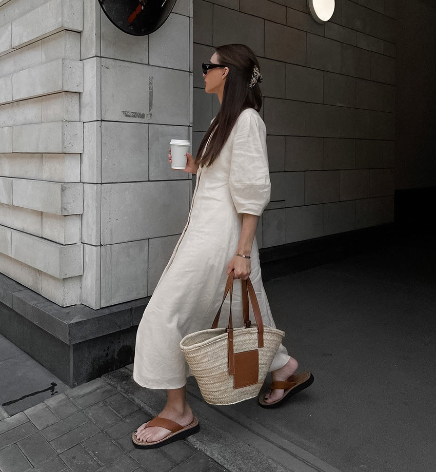 Linen V-Neck Button-Front Puff-Sleeve Midi Dress 2