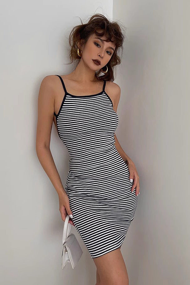 Striped Print Backless Bodycon Dress