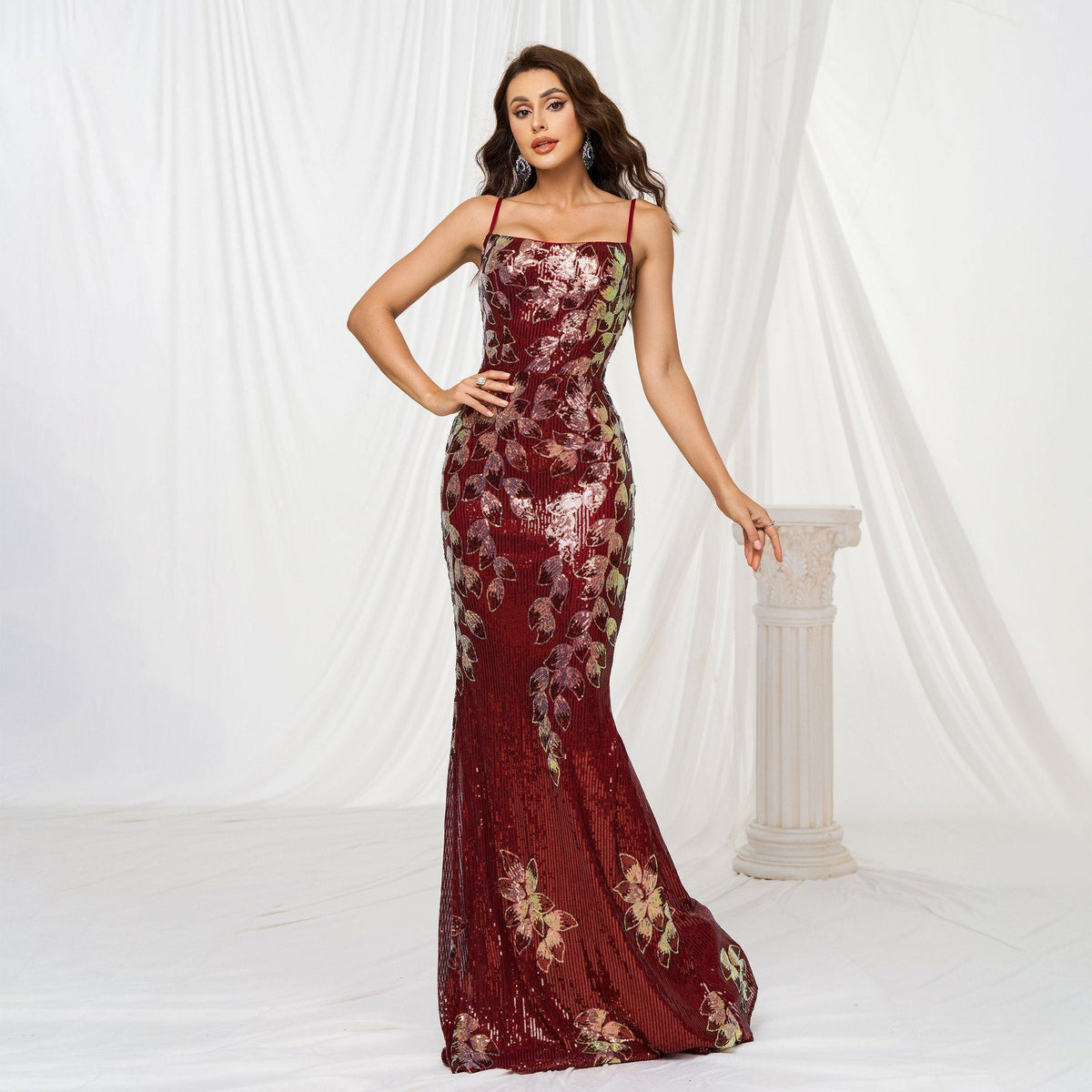 Sequin Floral Spaghetti Strap Square Neck Mermaid Evening Gown