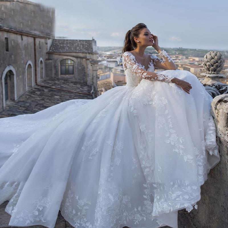 Round Neck Long Sleeve Sheer Wedding Dress