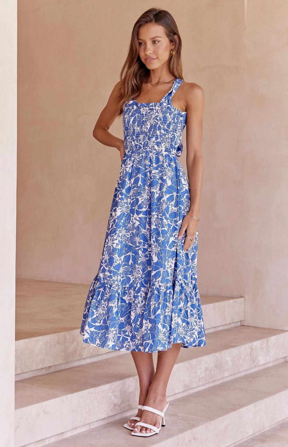 Floral Print Square Neck Smocked Tiered Midi Dress