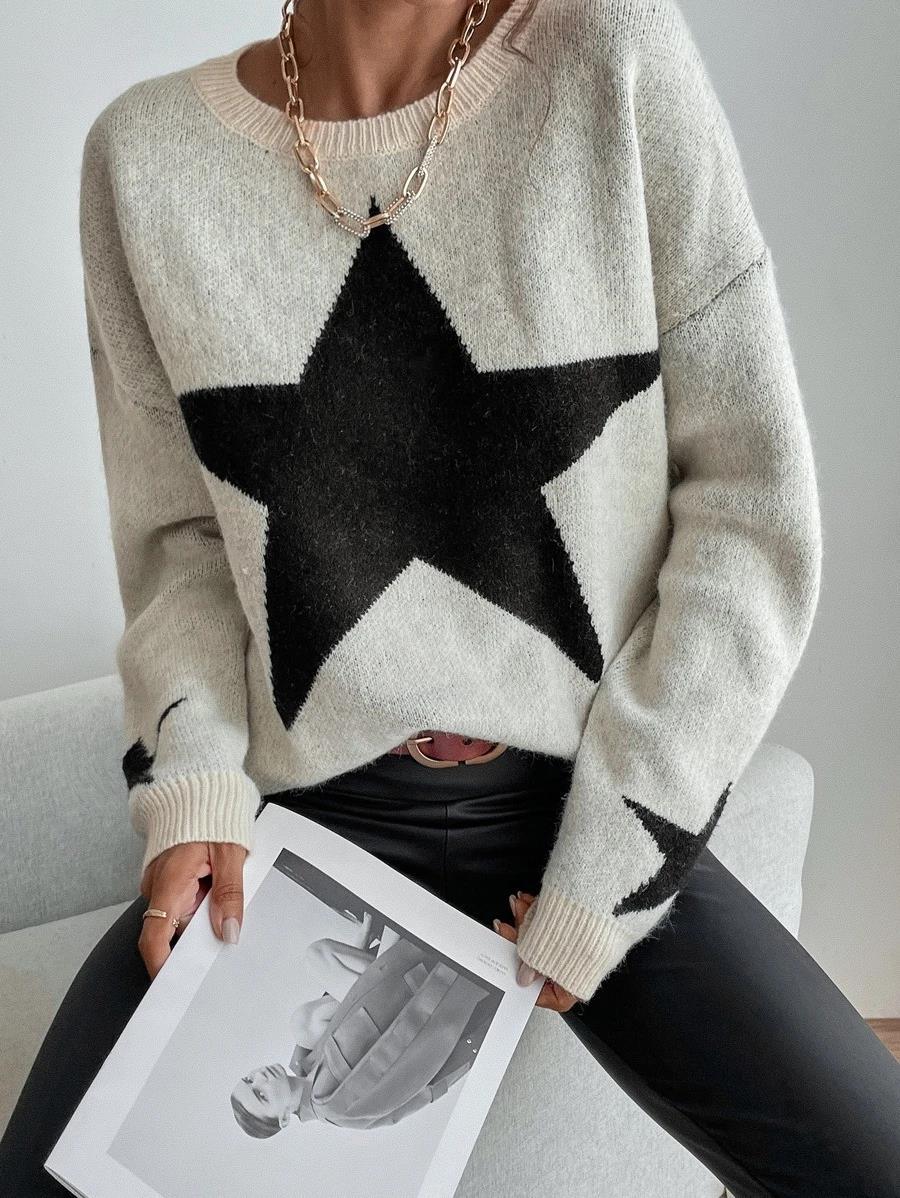 ShoptheCIC Big Stars Crew Neck Sweater for Everyday Style