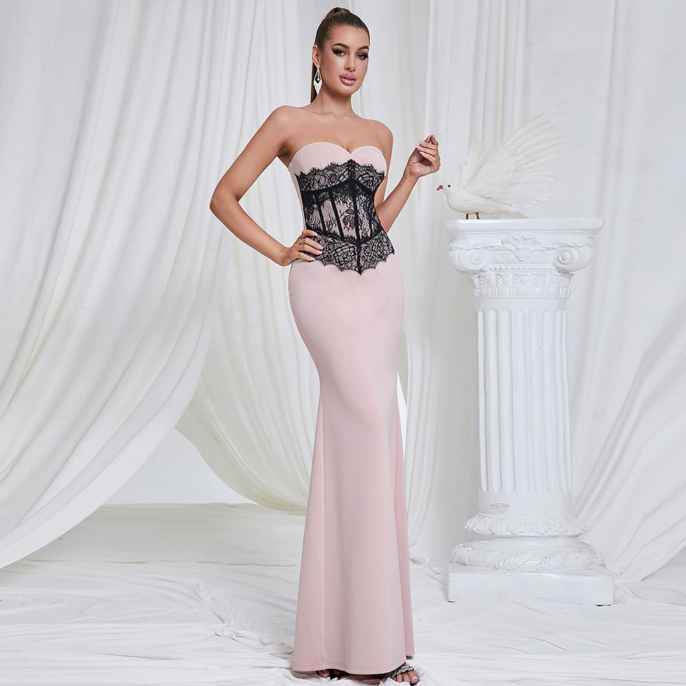 Tube Top Lace Contrast Color Slim Fit Patchwork Maxi Dinner Dress
