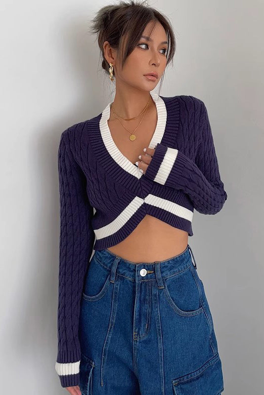 Contrast Cable Knit Crop Sweater for Effortless Style
