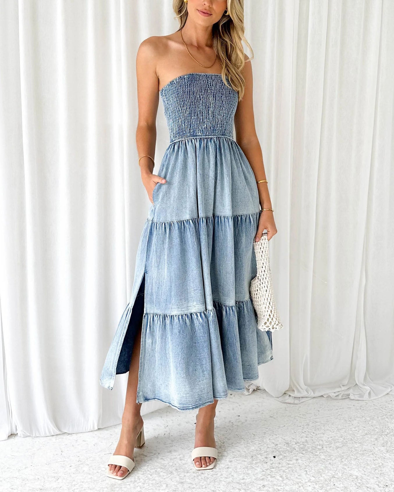 Sleeveless Strapless Side Slit Layered Denim Dress with - Fashionpara