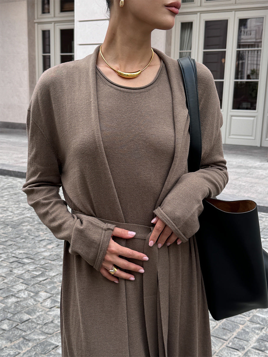 Chic Knitted Long Sleeve Cardigan with Suspender Dress Set