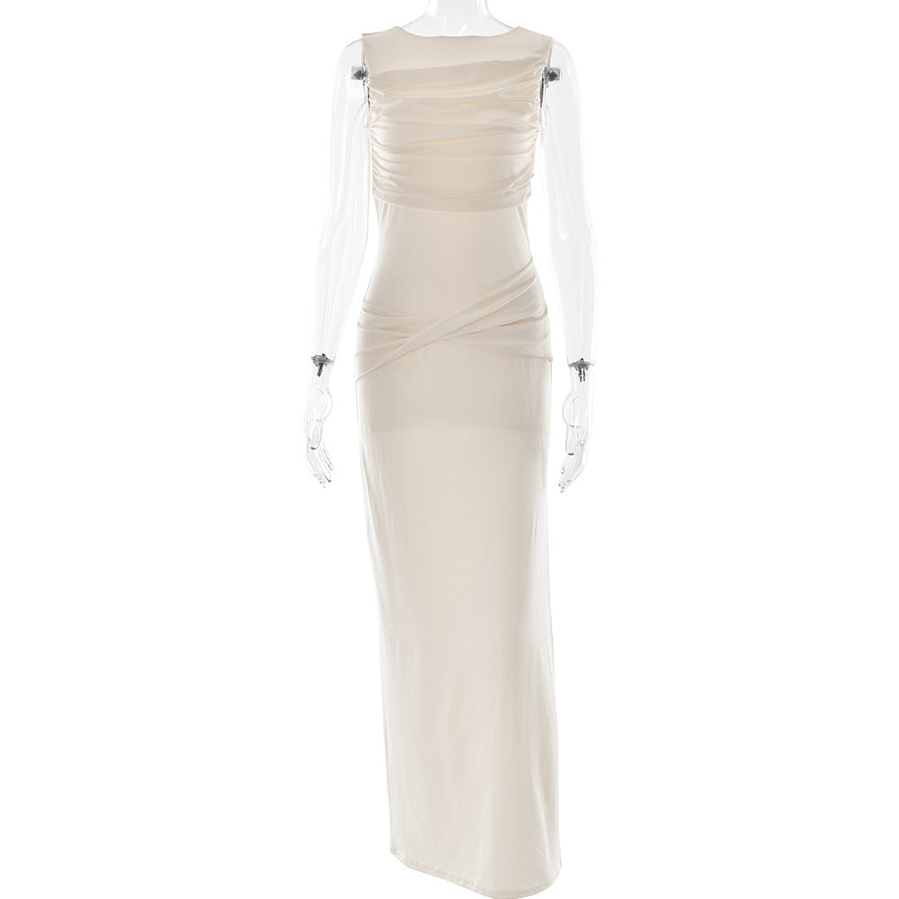 Ruched Boat Neck Draped Side-Slit Column Maxi Gown 5