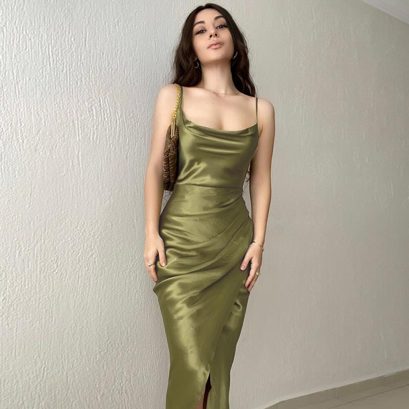 Satin Cowl Neck Spaghetti Strap Ruched Bodycon Dress