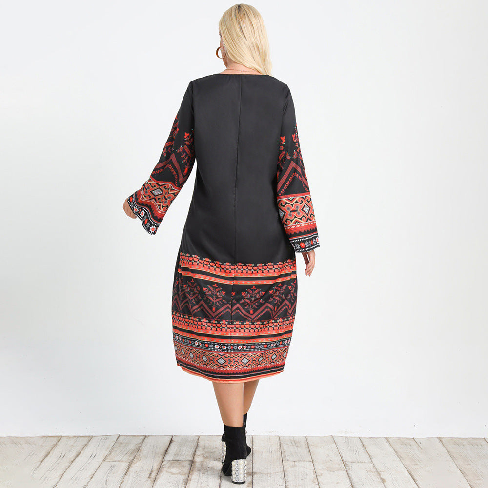 Boho Print Crew Neck Long Sleeve Shift Midi Dress