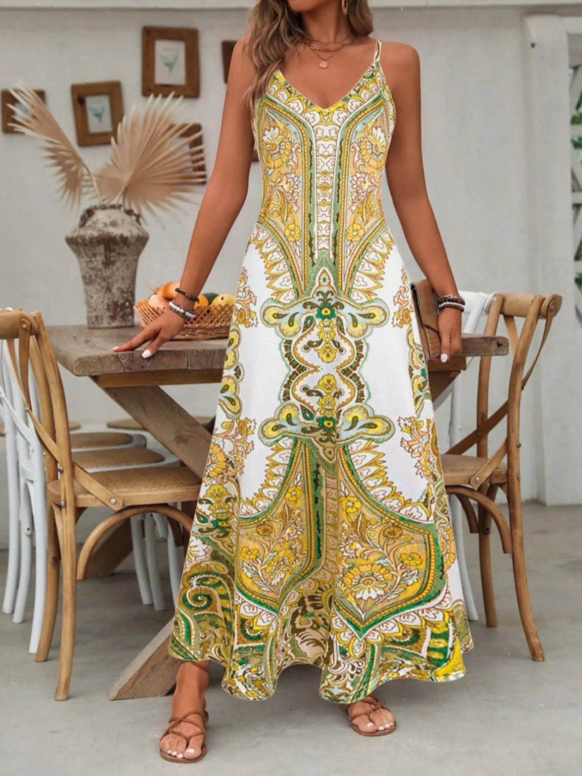 V-Neck Spaghetti Strap Paisley Print Maxi Dress 5