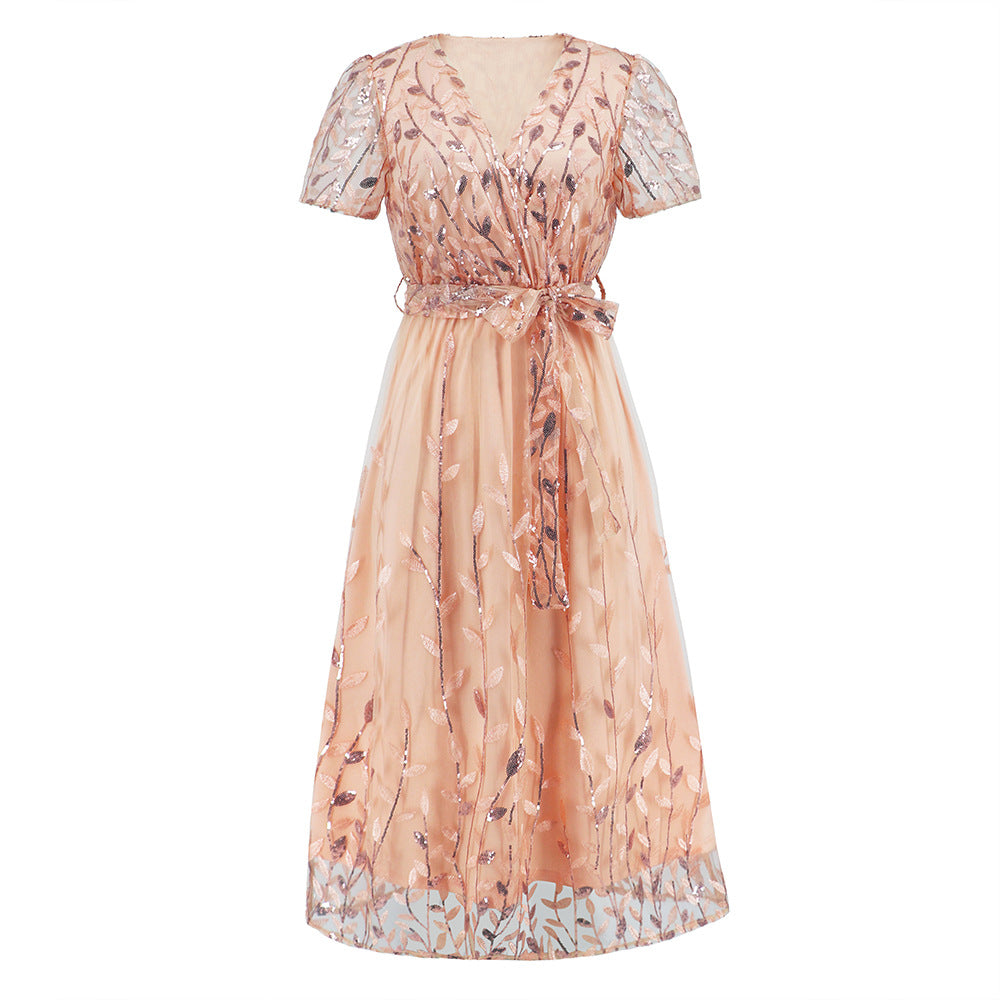 Mesh Embroidered Leaf Sequin V-Neck Wrap Tie Waist A-Line Midi Dress - View 11
