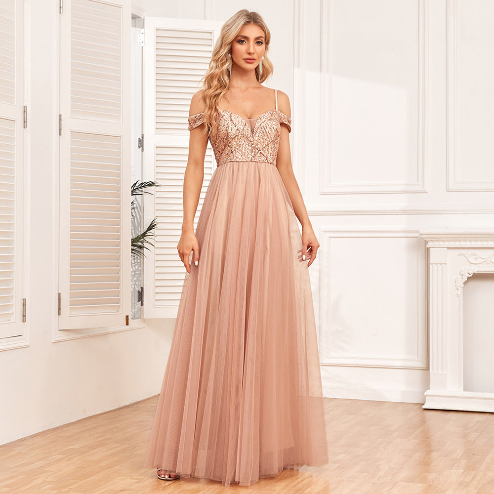 Sequin Sweetheart Mesh Insert Off Shoulder Tulle A-Line Maxi Gown