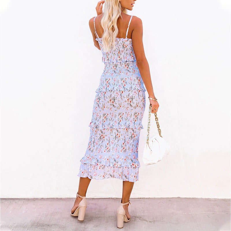 Floral Print Square Neck Smocked Tiered Midi Dress