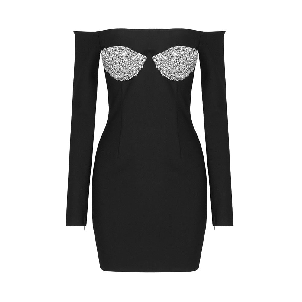 Black Heavy Industry Sequin Diamond Decorations Chest Cup Strapless Stretch Dress Bandage Dress Evening Dress - Fashionpara