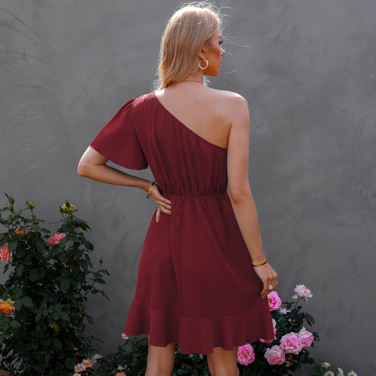 One Shoulder Ruffle Fit & Flare Mini Dress