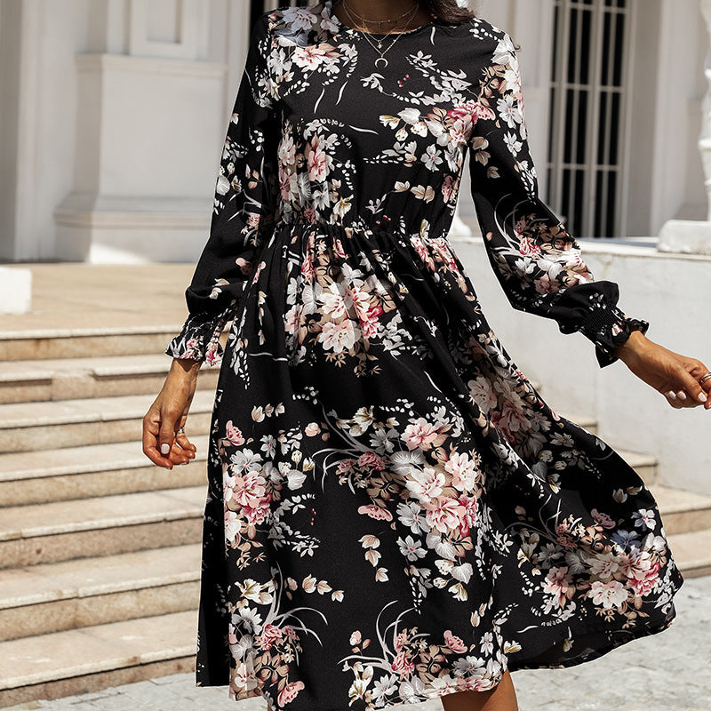 Floral Print Round Neck Long Sleeve Tiered Midi Dress