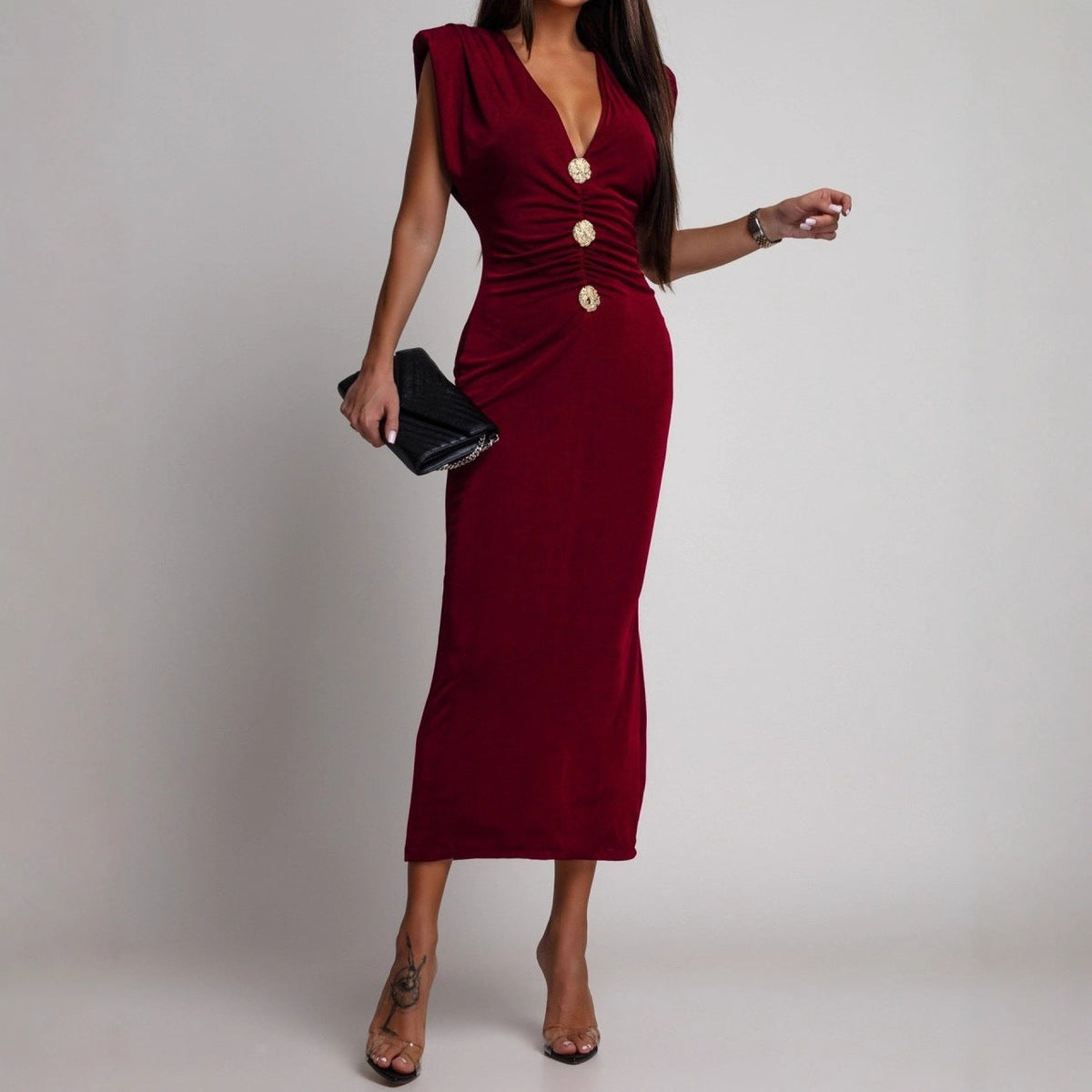 Deep V-Neck Button Front Ruched Bodycon Midi Dress