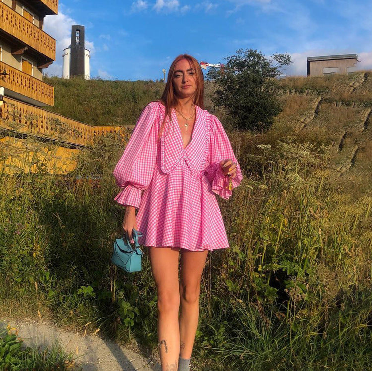 Pink Plaid Doll Collar Long Sleeve Dress GracefulA line Dress - Fashionpara