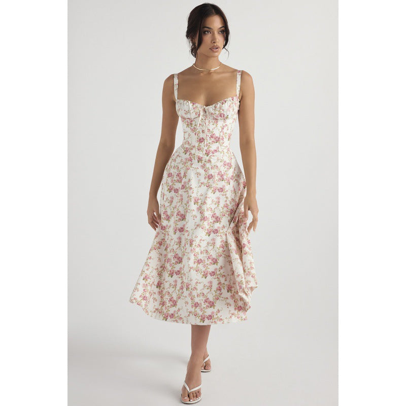 Floral Sweetheart Neck Corset High Split Midi Dress 4