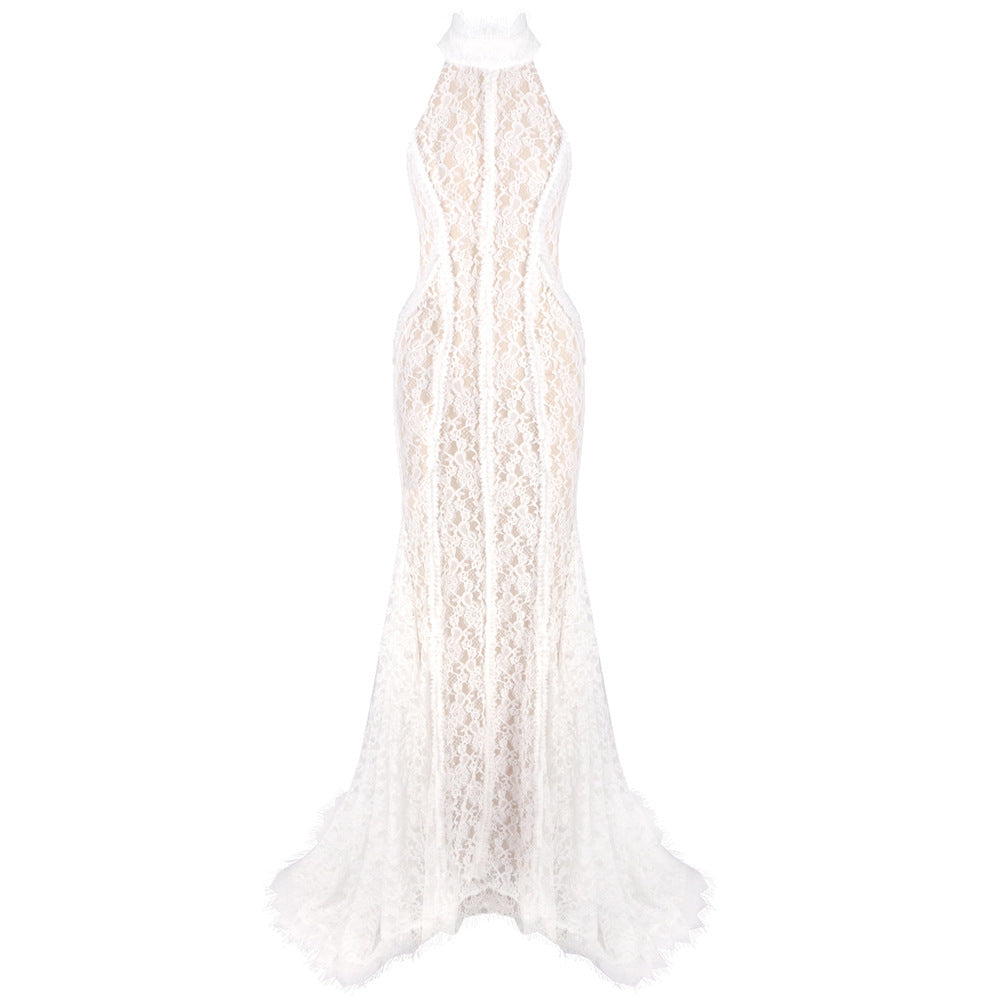 Lace Halter Neck Front Ruffle Mermaid Train Formal Gown - View 5