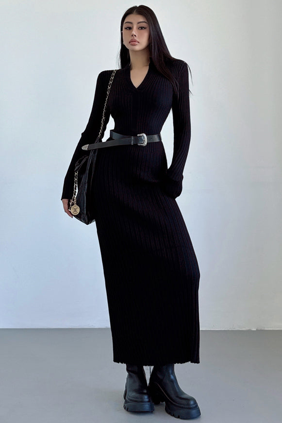 V-Neck Long Sleeve Knit Sweater Dress for Effortless Style