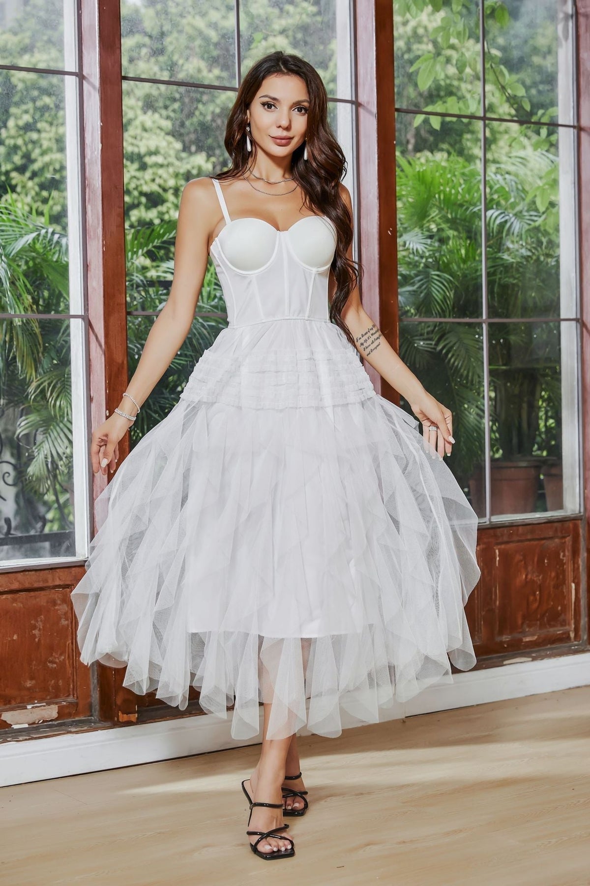Spaghetti Strap Corset Bustier Tiered Tulle Ruffle Midi Dress - View 5