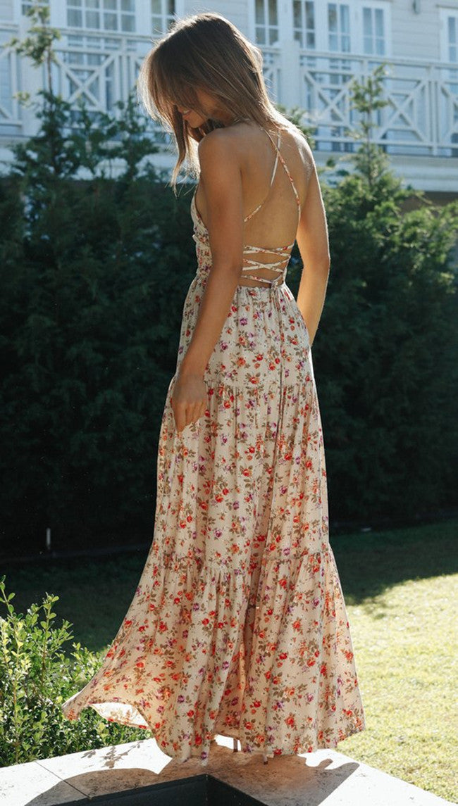 Floral Print Halter Neck Tiered Maxi Dress