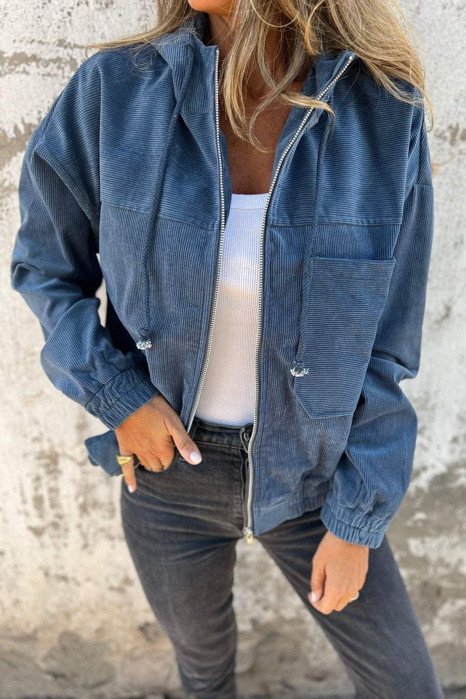 ShoptheCIC Solid Corduroy Hooded Zip-Up Jacket for Comfort