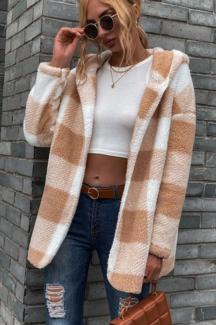 Double-Sided Hooded Plaid Cardigan Jacket for Cozy Style