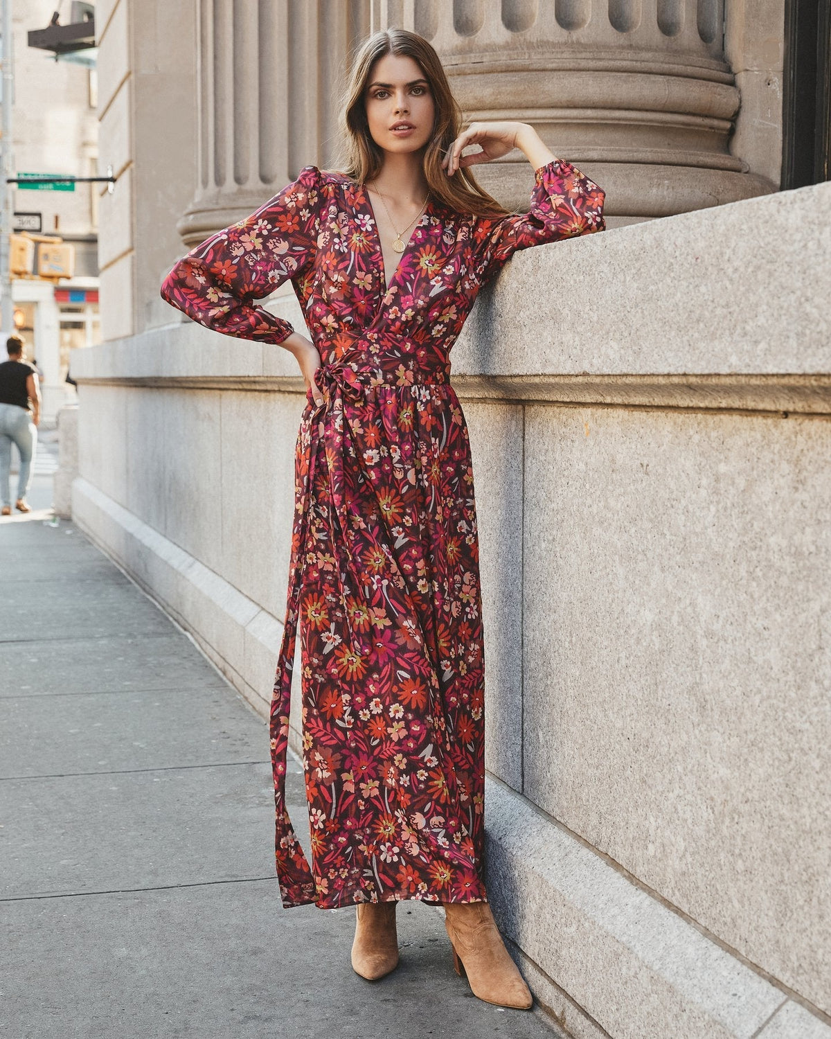 Floral Print V-Neck Long Sleeve Wrap Split Maxi Dress