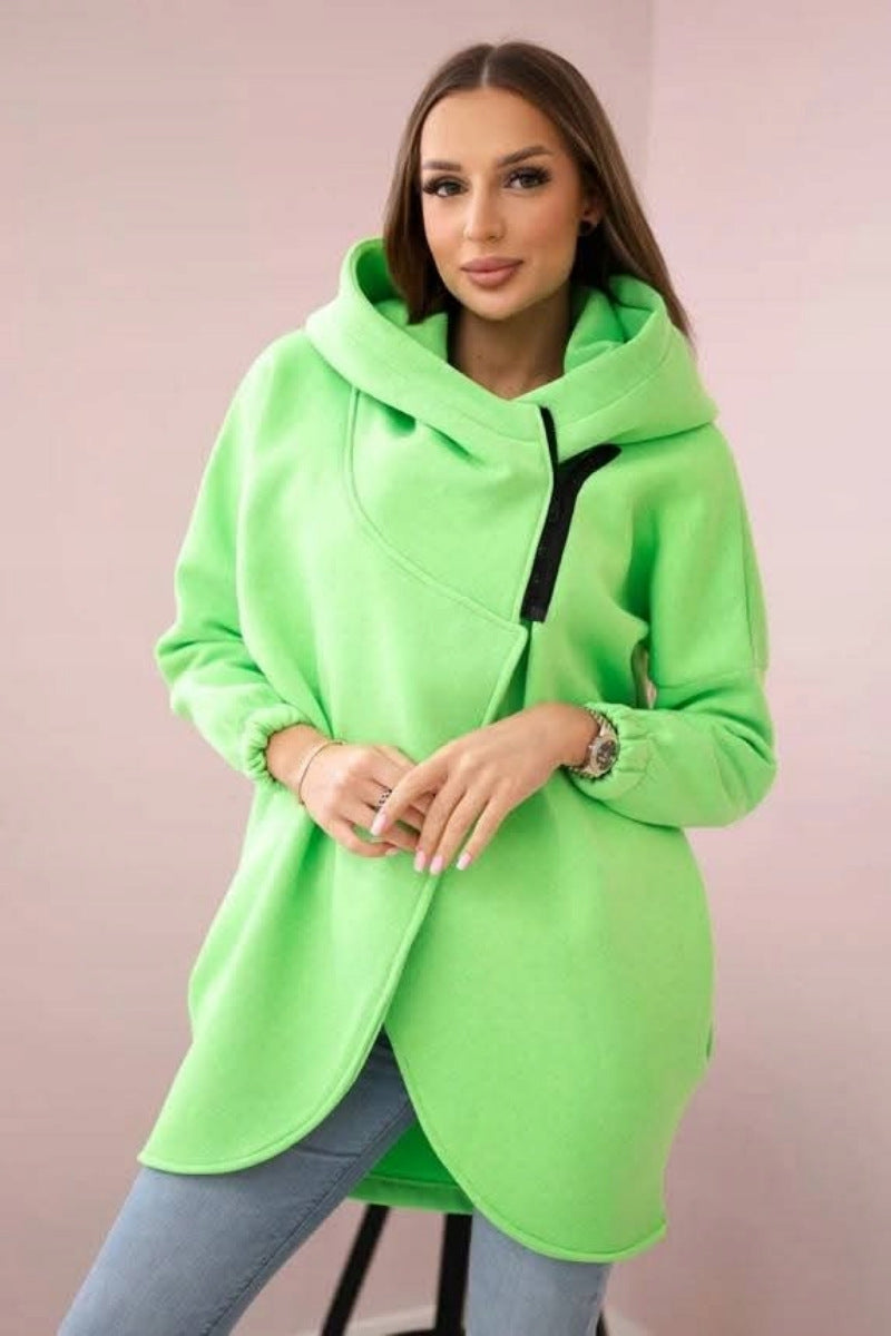 Chic Asymmetric Zip-Up Hooded Fleece Sweatshirt Coat