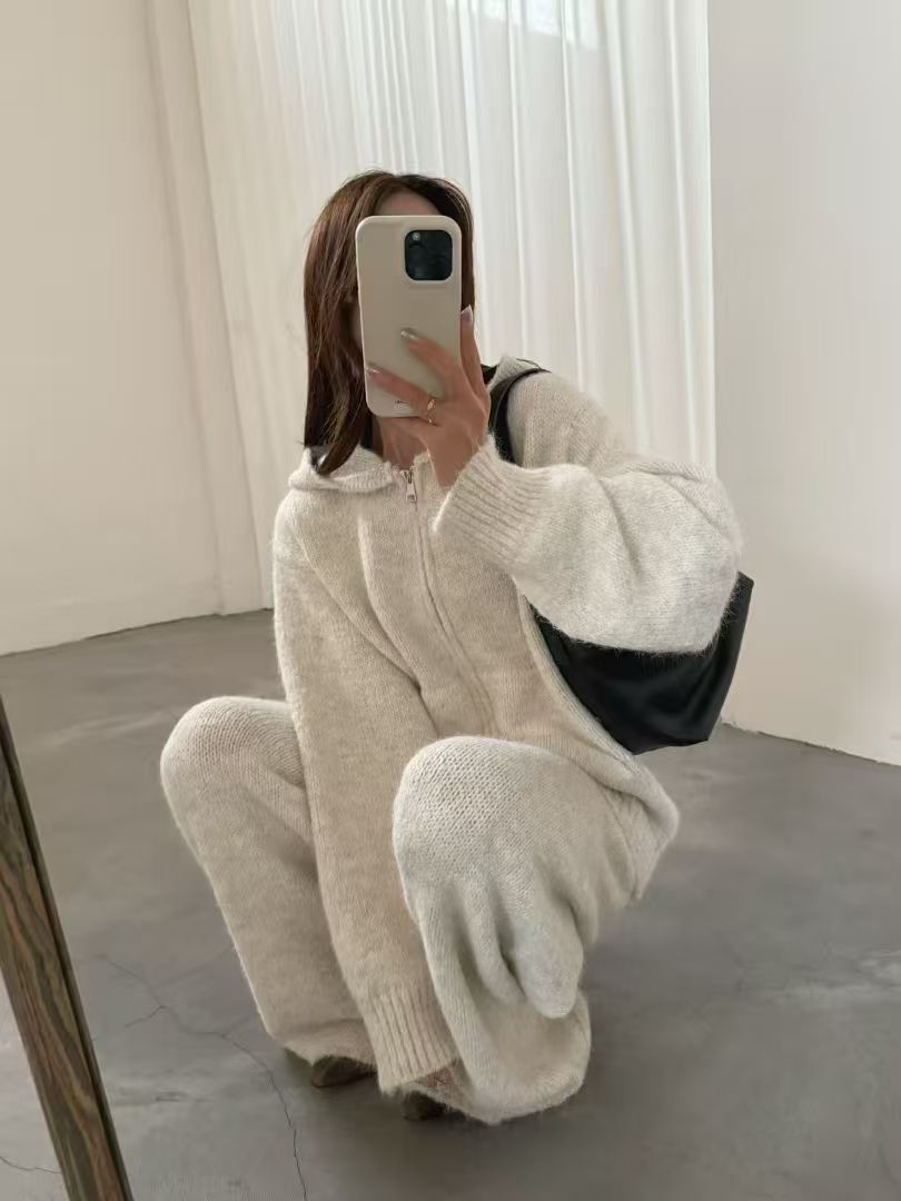 Thick Knit Hooded Cardigan and Wide-Leg Pants Set