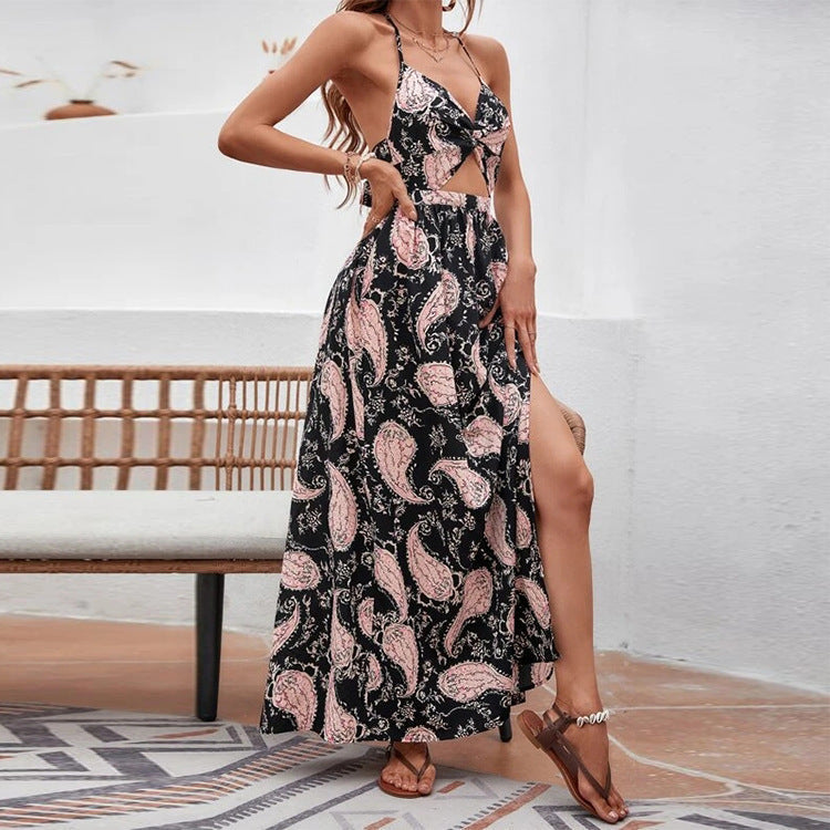 Paisley Print Cutout High Slit Maxi Dress