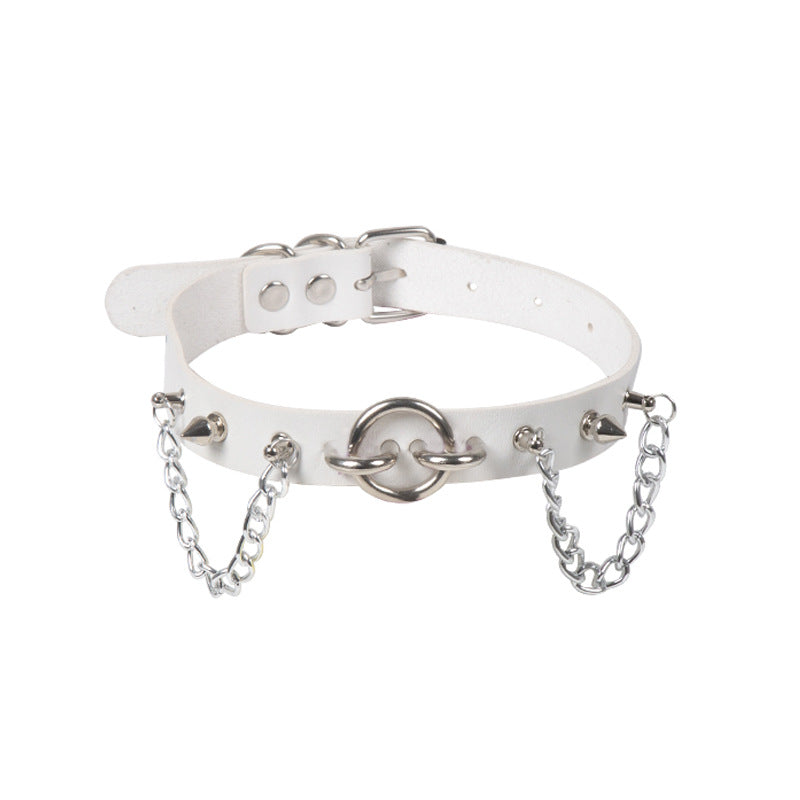 Personality O-Ring Rivet Chain Pu Necklace White Halloween